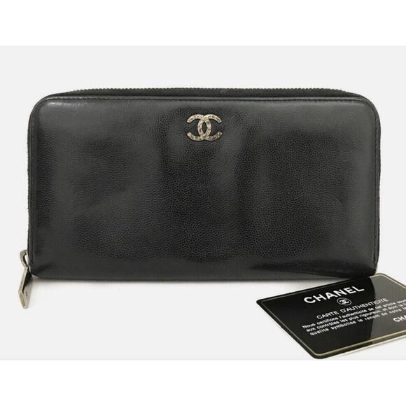Black CHANEL CC Logo Calf Skin Zip Around Long Wallet W/ Serial Card - Picture 1 of 7